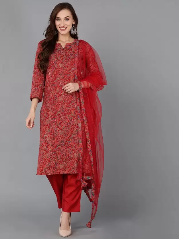 Women Cotton Rayon Kurta Pant Dupatta Set