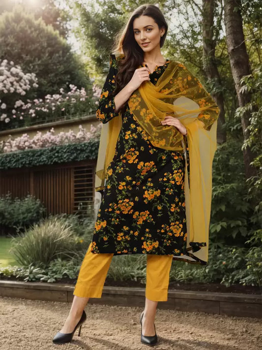 Women Cotton Rayon Kurta Pant Dupatta Set