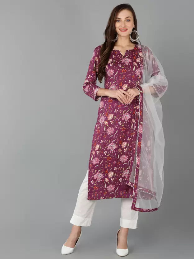 Women Cotton Rayon Kurta Pant Dupatta Set