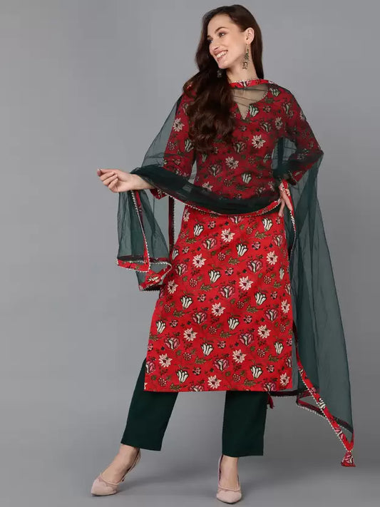 Women Cotton Rayon Kurta Pant Dupatta Set