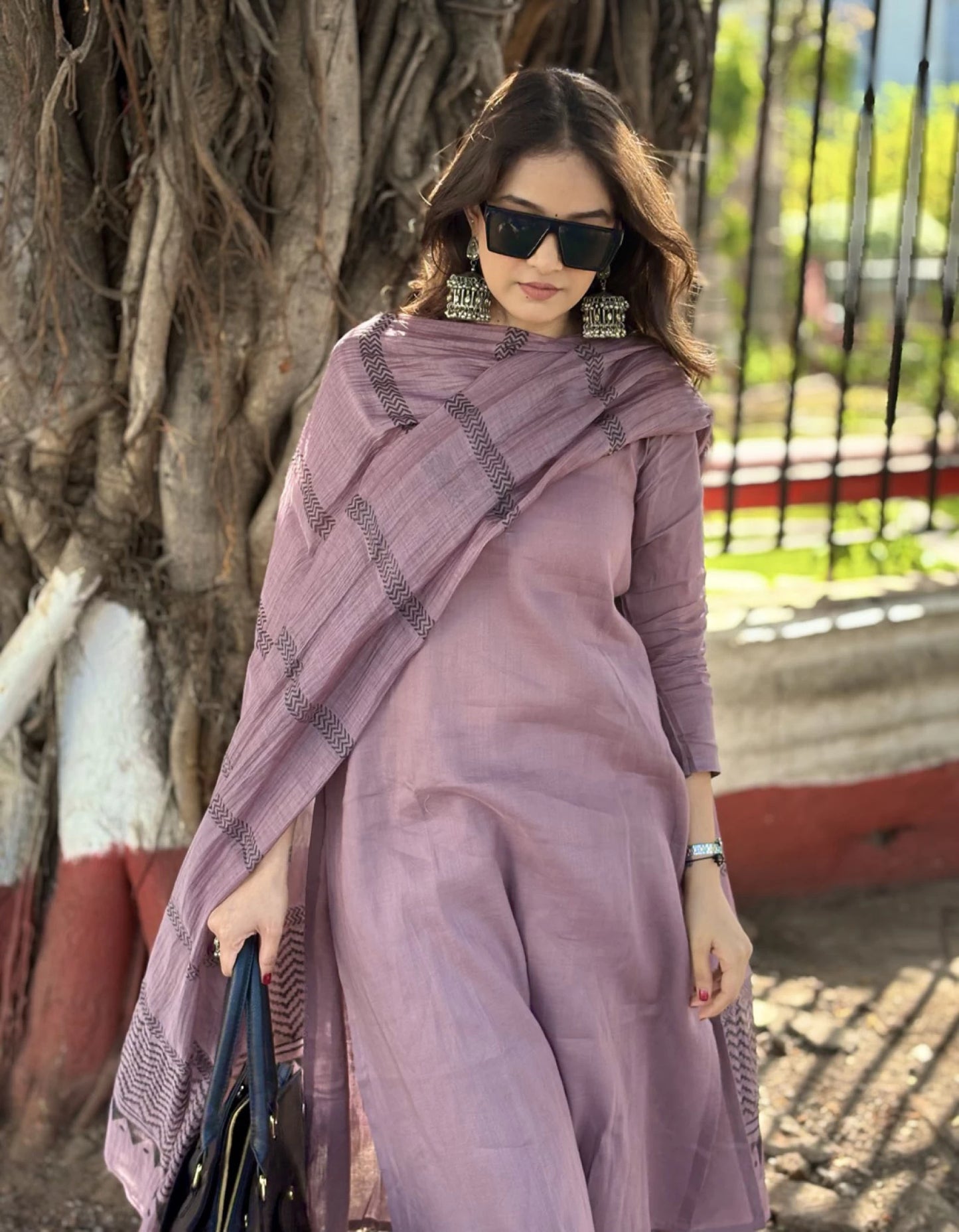 Women Purple Cotton Rayon Kurta Pant Dupatta Set