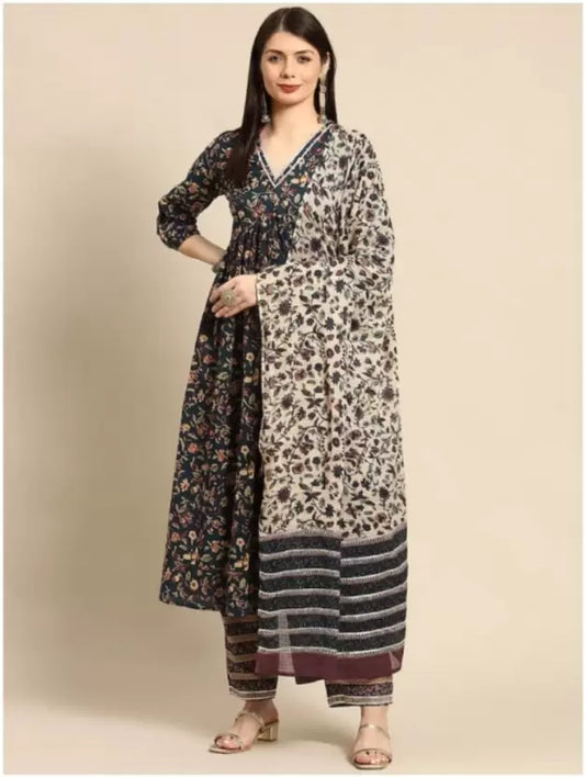 Women Cotton Rayon Kurta Pant And Dupatta Set