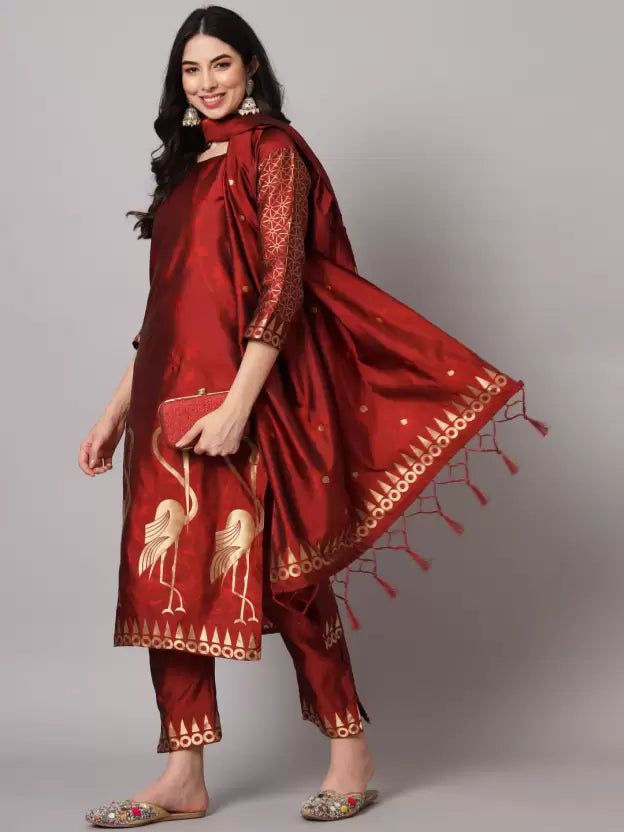 Women Cotton Silk Kurta Pant Dupatta Set