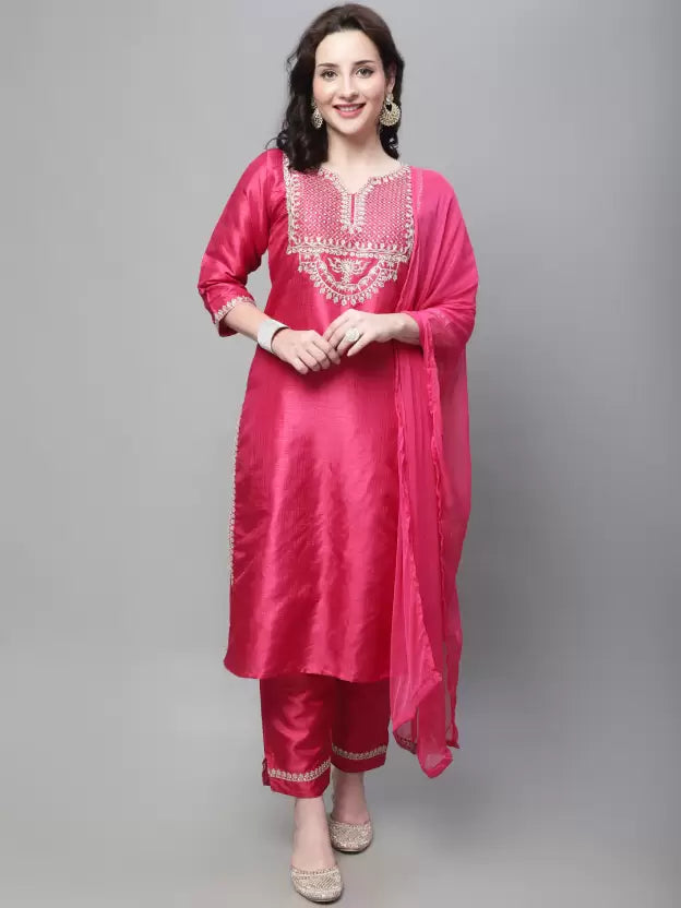 Women Cotton Silk Kurta Pant Dupatta Set