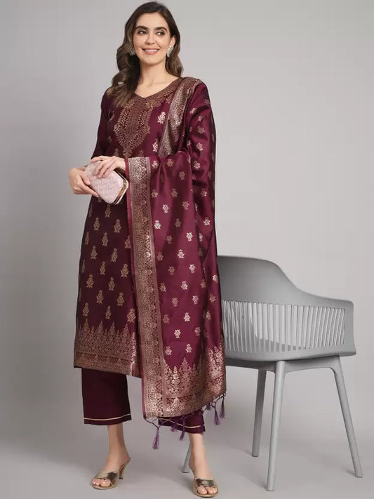 Women Purple Cotton Silk Kurta Pant Dupatta Set