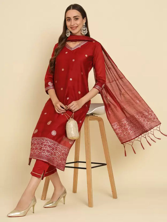 Women Cotton Silk Kurta Pant Dupatta Set