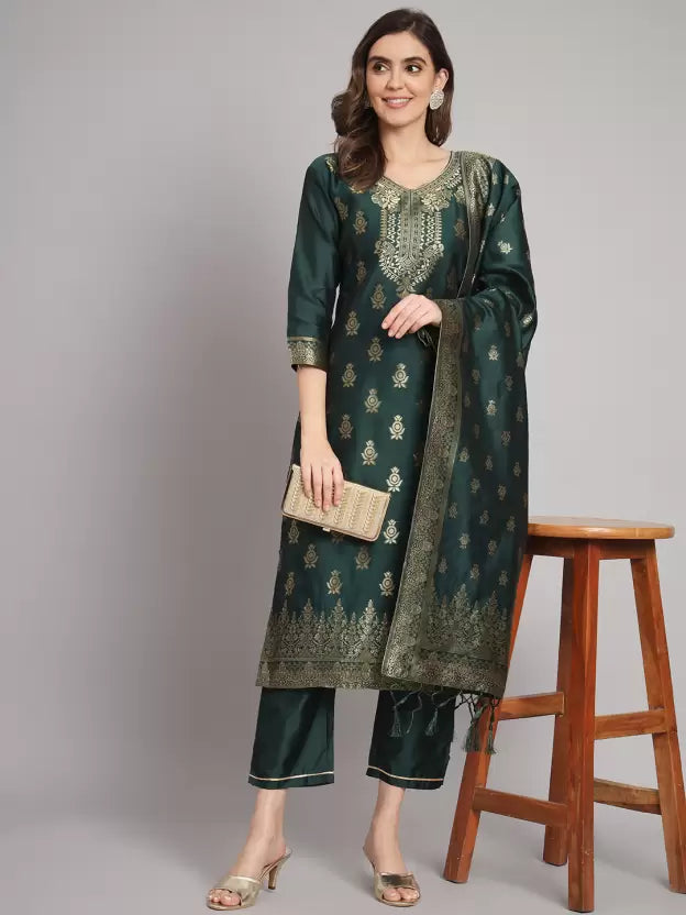 Women Cotton Silk Kurta Pant Dupatta Set