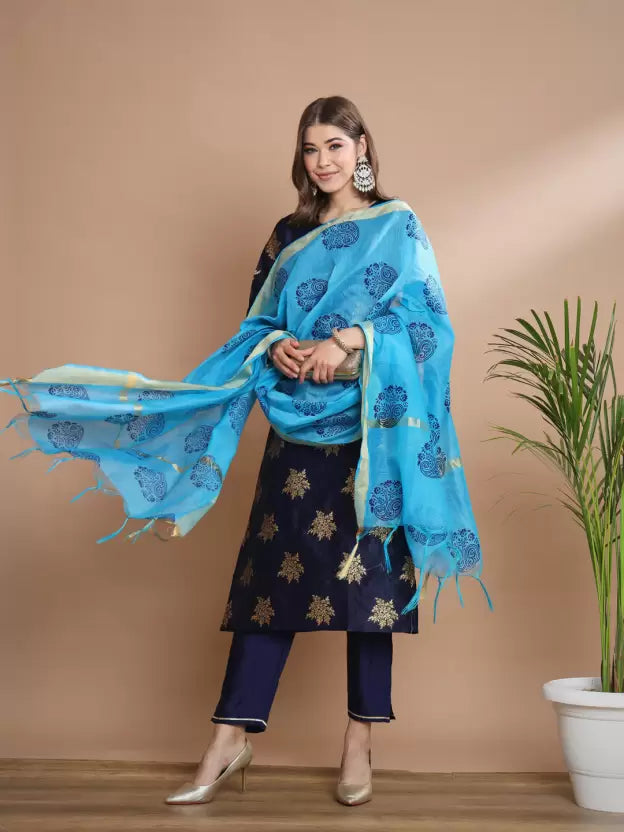 Women Cotton Silk Kurta Pant Dupatta Set