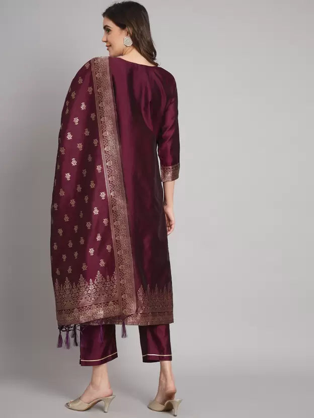 Women Purple Cotton Silk Kurta Pant Dupatta Set