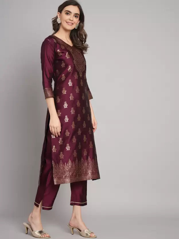 Women Purple Cotton Silk Kurta Pant Dupatta Set