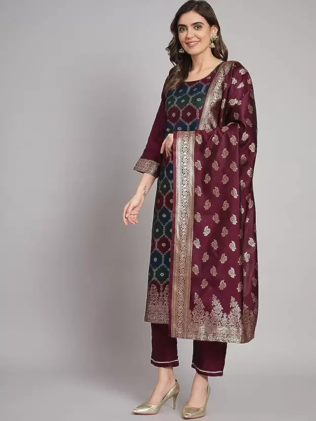 Women Cotton Silk Kurta Pant Dupatta Set