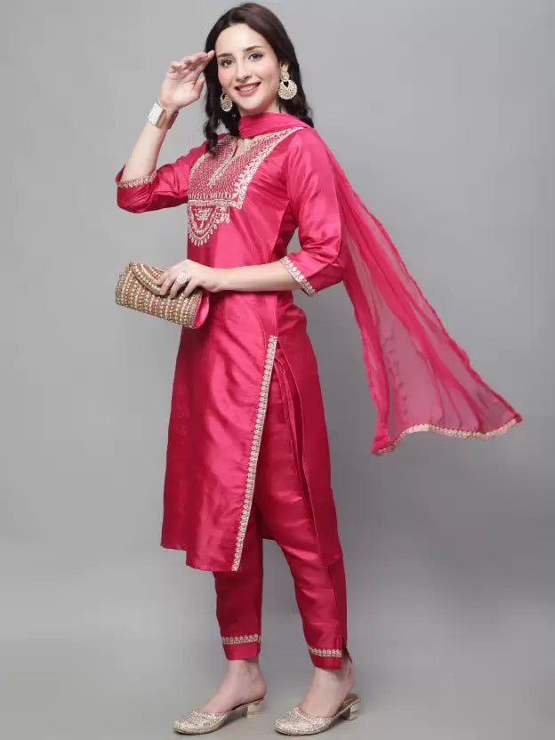 Women Cotton Silk Kurta Pant Dupatta Set