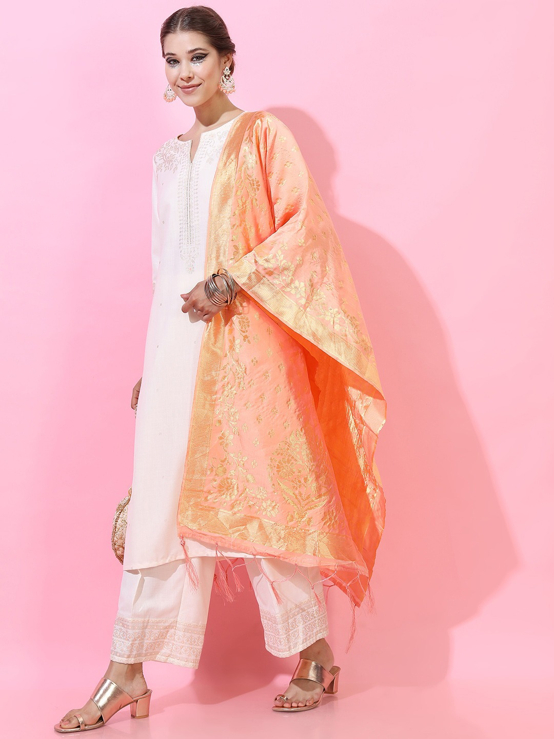 Women Cream Coloured Ethnic Motifs Kurti with Palazzos & With Dupatta