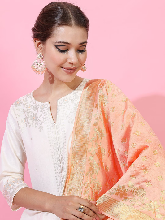 Women Cream Coloured Ethnic Motifs Kurti with Palazzos & With Dupatta