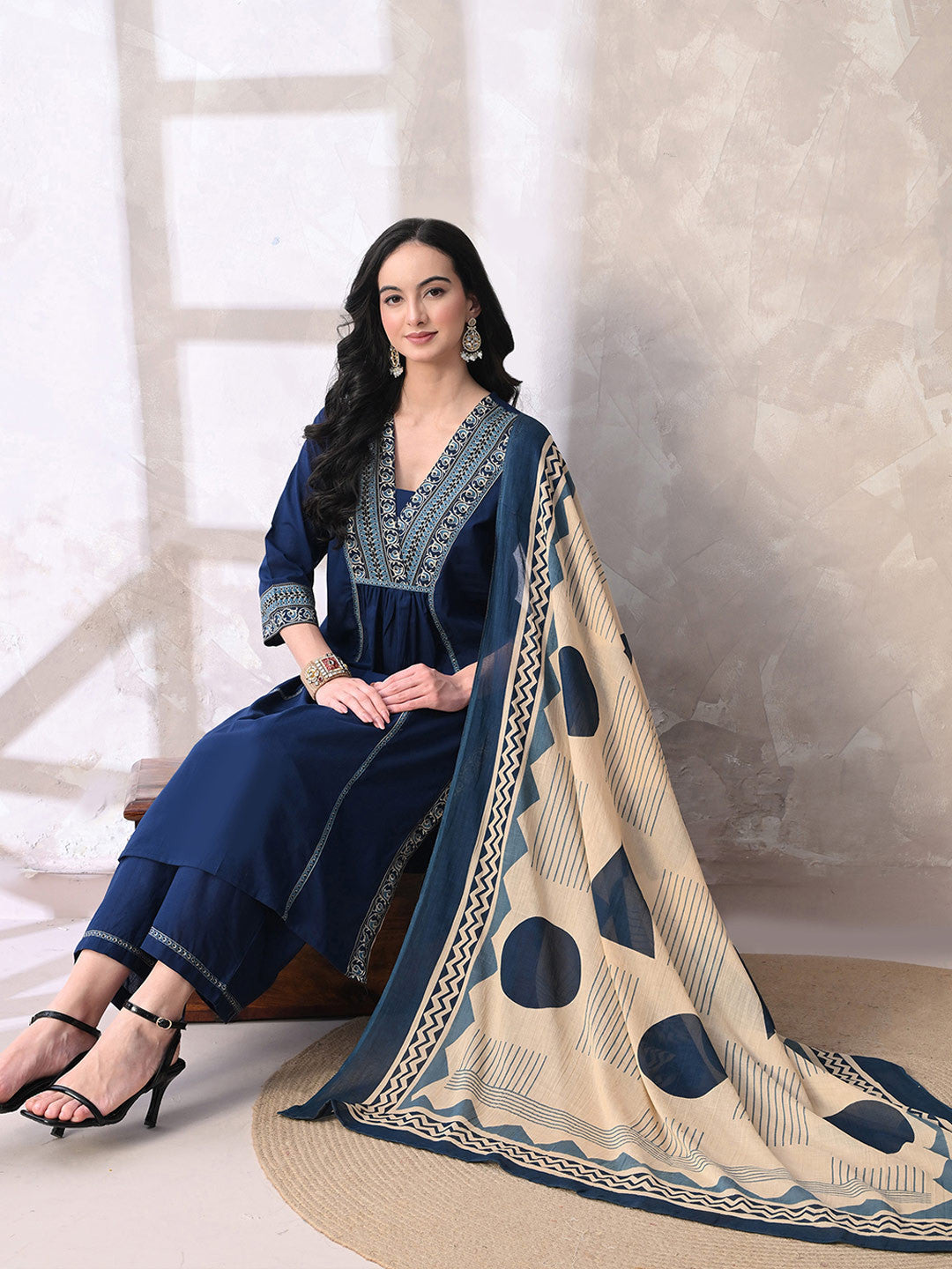 Floral Printed Sequined Pure Cotton Kurta with Palazzos & With Dupatta