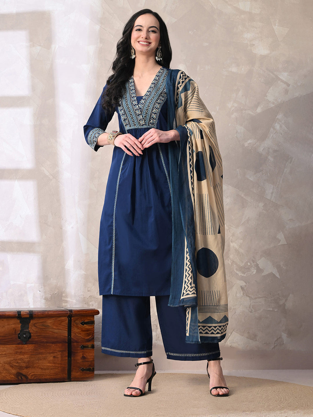 Floral Printed Sequined Pure Cotton Kurta with Palazzos & With Dupatta
