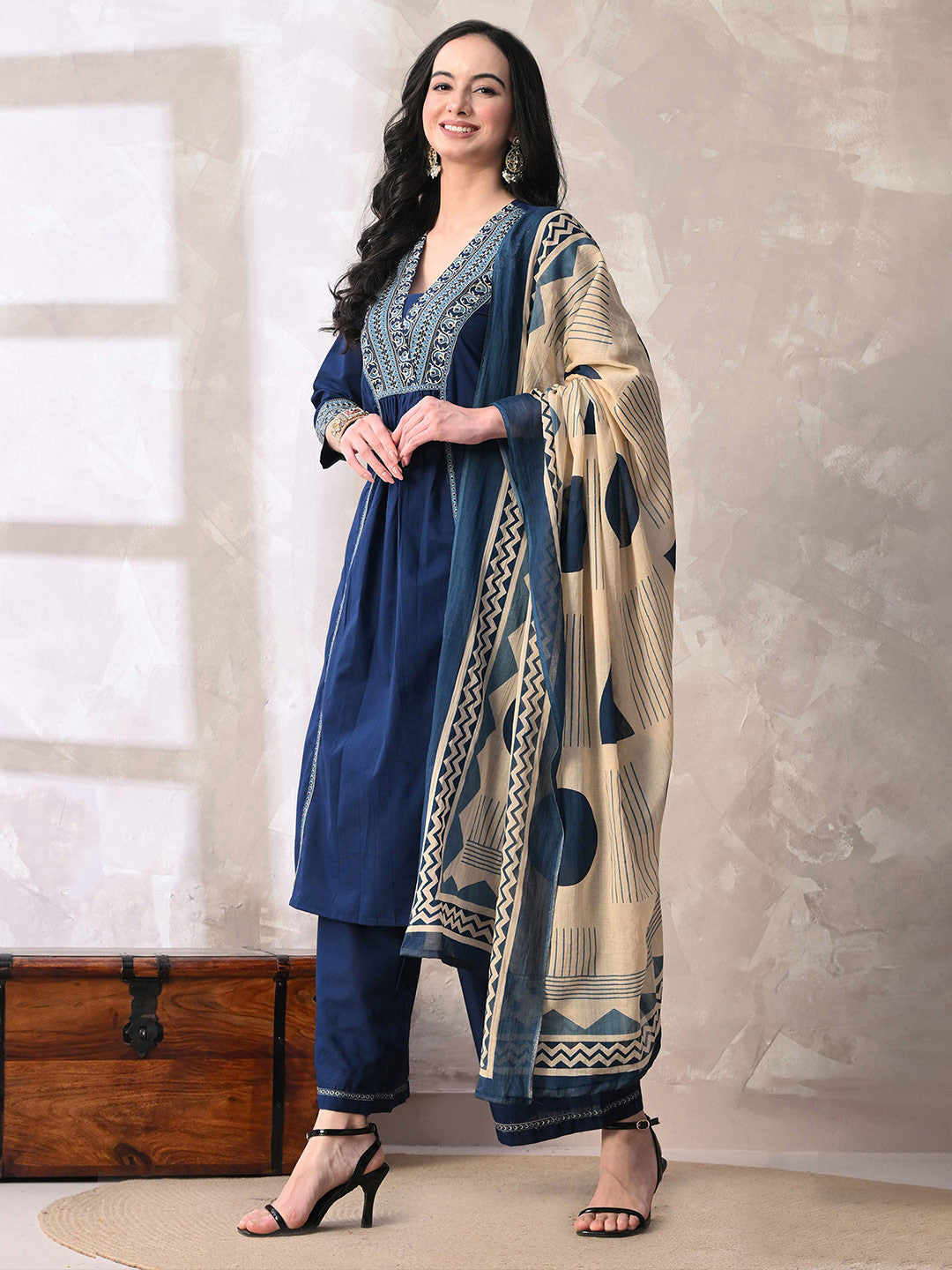 Floral Printed Sequined Pure Cotton Kurta with Palazzos & With Dupatta