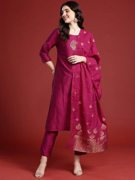 Women Ethnic Motifs Embroidered Thread Work Kurta with Trousers & With Dupatta