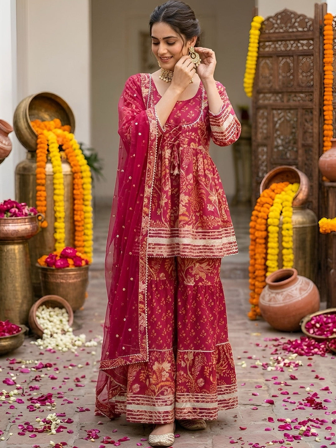 Women Ethnic Motifs Printed Regular Pure Cotton Kurta with Sharara & With Dupatta