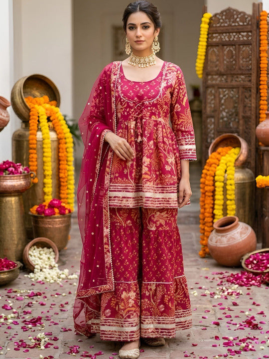 Women Ethnic Motifs Printed Regular Pure Cotton Kurta with Sharara & With Dupatta