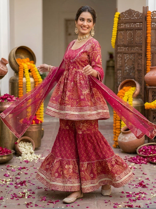 Women Ethnic Motifs Printed Regular Pure Cotton Kurta with Sharara & With Dupatta