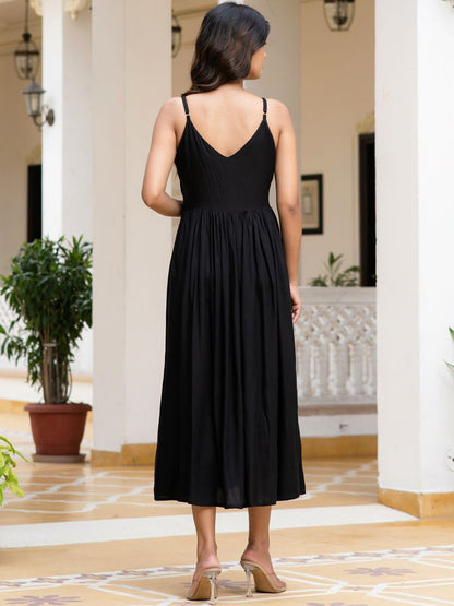 Women Floral Embrodiered Shoulder Straps Flared Midi Dress
