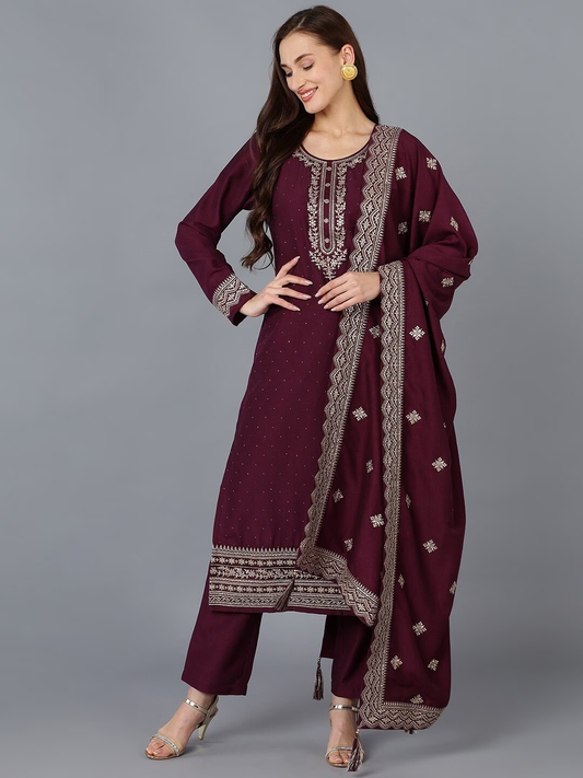 Women Floral Embroidered Sequinned Kurta With Trousers & Dupatta