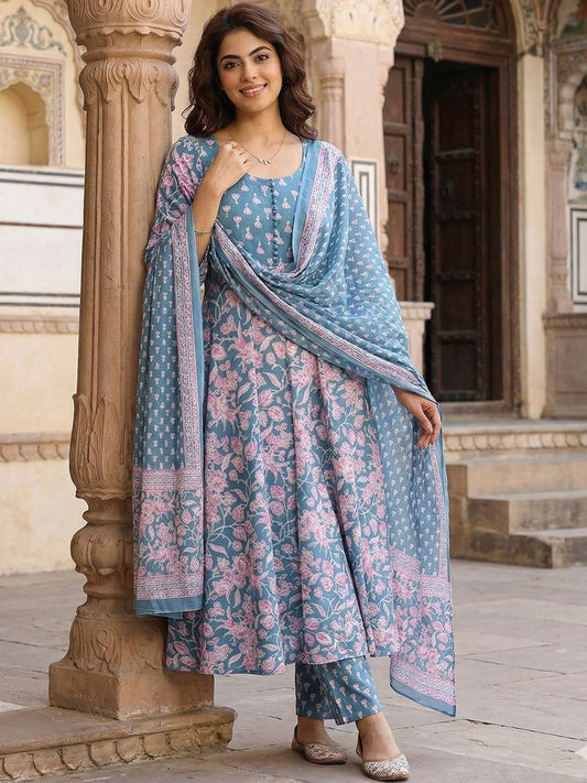 Women Floral Printed Empire Pure Cotton Kurta with Trousers & With Dupatta