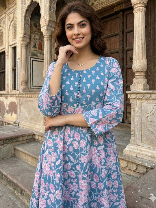 Women Floral Printed Empire Pure Cotton Kurta with Trousers & With Dupatta