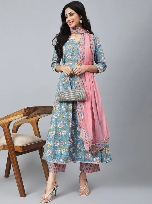 Women Floral Printed Gotta Patti Pure Cotton Kurta with Palazzos & Dupatta