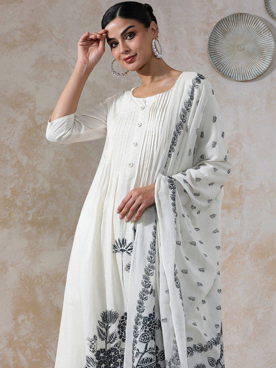 Women Floral Printed Pleated Sequinned Pure Cotton Kurta with Trousers & With Dupatta
