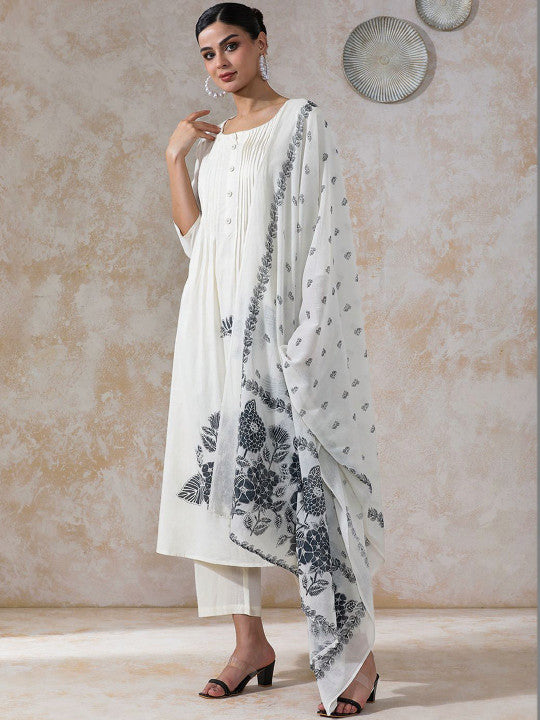Women Floral Printed Pleated Sequinned Pure Cotton Kurta with Trousers & With Dupatta