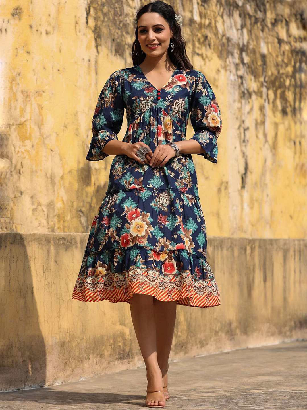 Women Floral Printed Pure Cotton A-Line Midi Dress