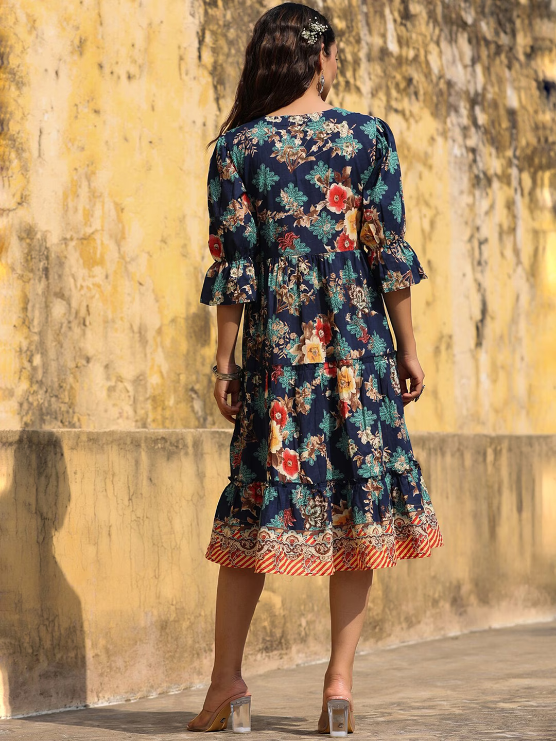 Women Floral Printed Pure Cotton A-Line Midi Dress