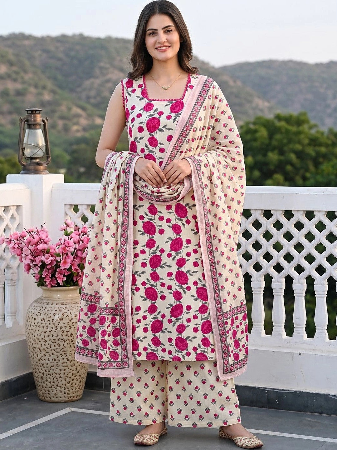 Women Floral Printed Regular Pure Cotton Kurta with Palazzos & With Dupatta