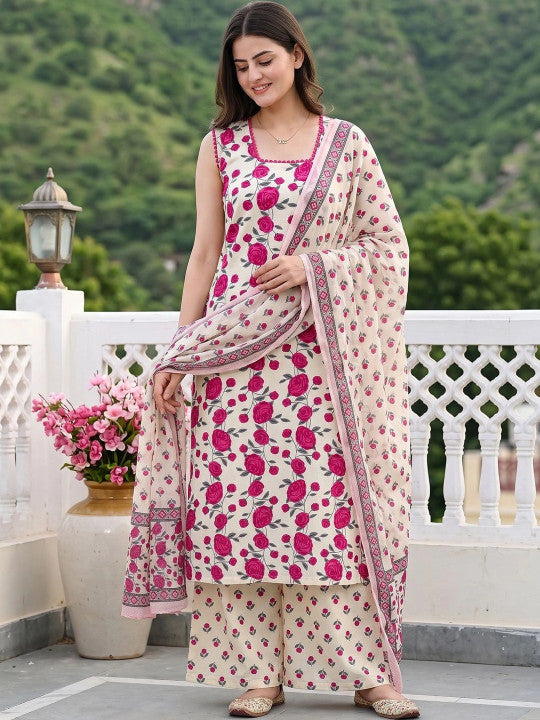 Women Floral Printed Regular Pure Cotton Kurta with Palazzos & With Dupatta