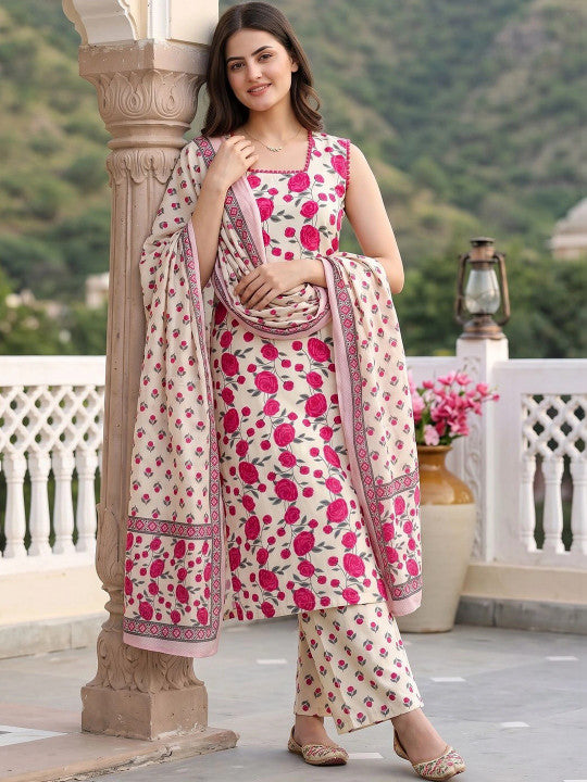 Women Floral Printed Regular Pure Cotton Kurta with Palazzos & With Dupatta