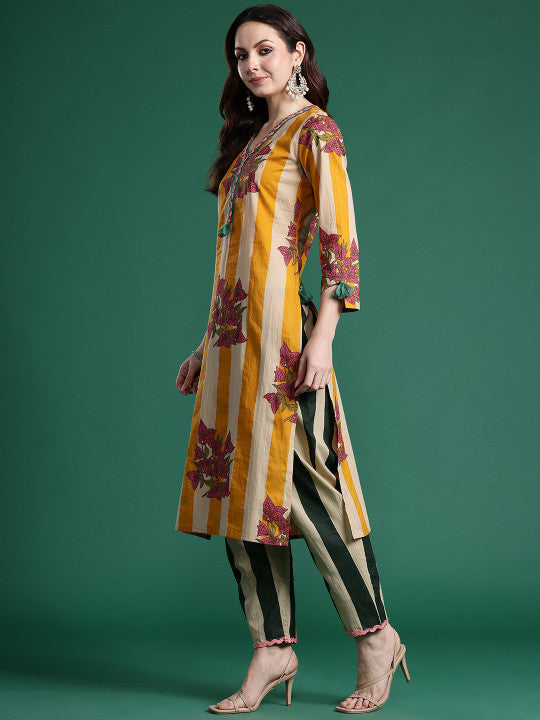 Women Floral Printed Regular Pure Cotton Kurta with Trousers & With Dupatta