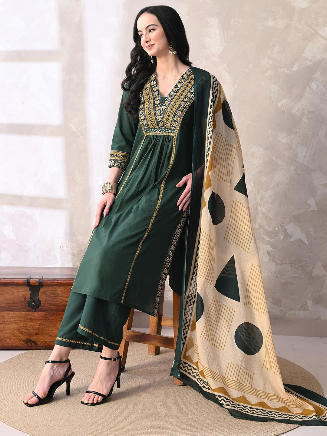 Floral Printed Sequined Pure Cotton Kurta with Palazzos & With Dupatta
