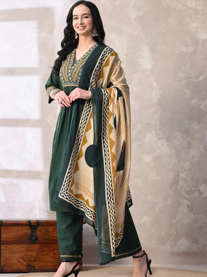 Floral Printed Sequined Pure Cotton Kurta with Palazzos & With Dupatta