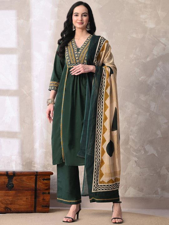 Floral Printed Sequined Pure Cotton Kurta with Palazzos & With Dupatta