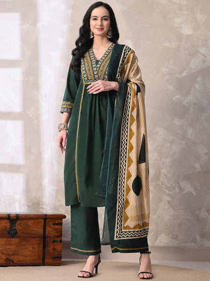 Floral Printed Sequined Pure Cotton Kurta with Palazzos & With Dupatta