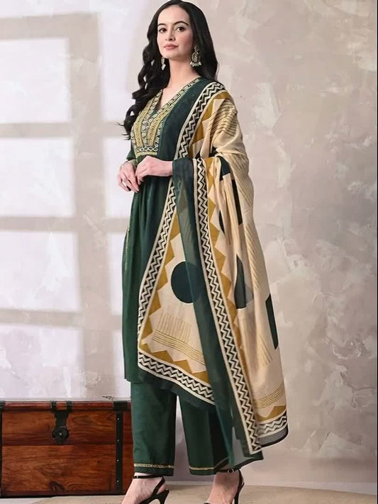 Floral Printed Sequined Pure Cotton Kurta with Palazzos & With Dupatta