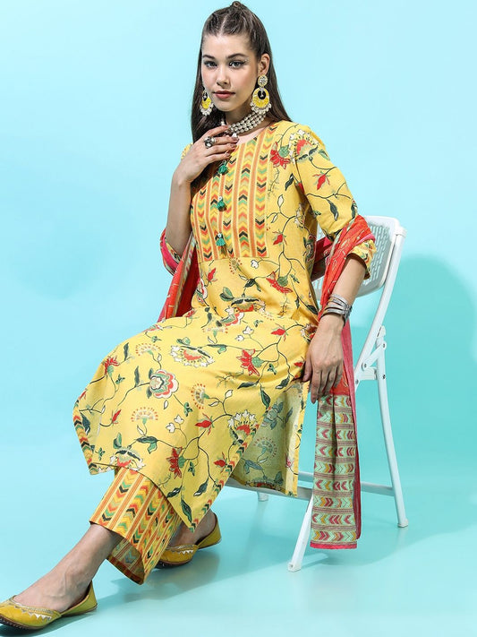Women Floral Pure Cotton Kurta with Trouser & Dupatta