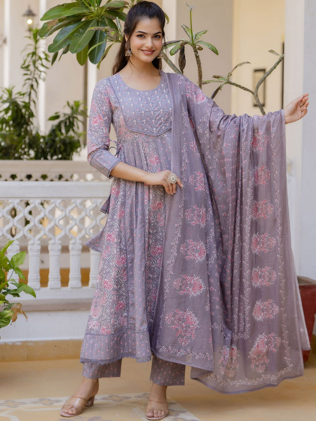 Women Floral Yoke Design Panelled Aari Work Pure Cotton Kurta with Trousers & With Dupatta