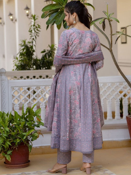 Women Floral Yoke Design Panelled Aari Work Pure Cotton Kurta with Trousers & With Dupatta