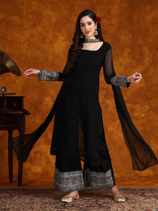 Women Georgette Kurta Palazzo Dupatta Set