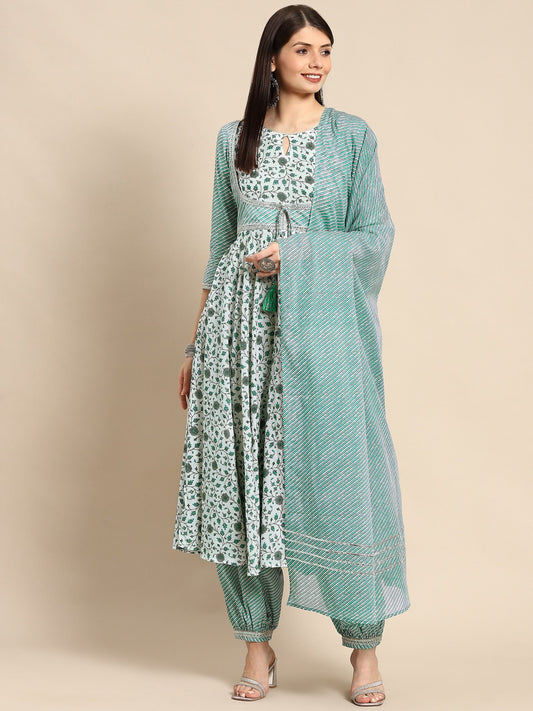 Women Green Ethnic Motifs Printed Pure Cotton Kurta with Salwar & Dupatta
