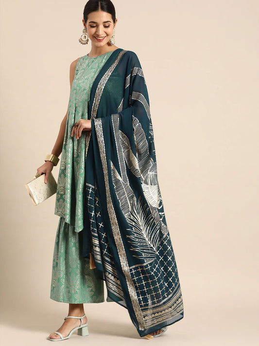 Women Green & Gold-Toned Floral Print Pleated Kurta with Sharara & With Dupatta