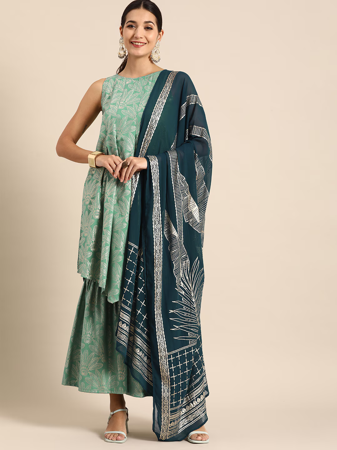 Women Green & Gold-Toned Floral Print Pleated Kurta with Sharara & With Dupatta